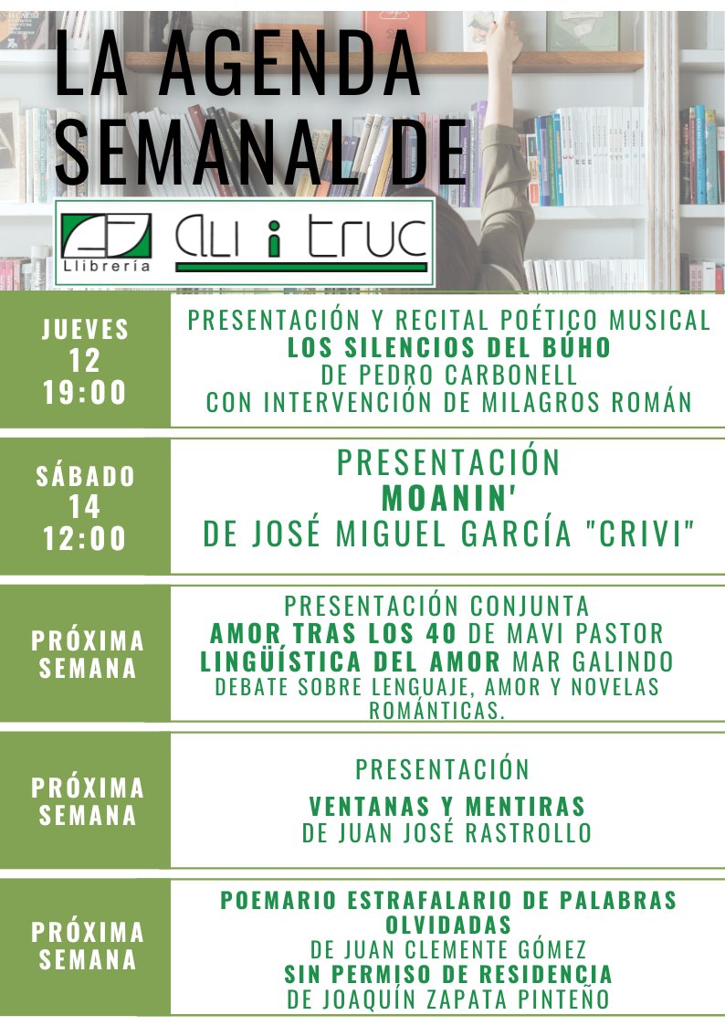 ali_i_truc's tweet photo. ¿No te gustan los #lunes? Tranqui, que aquí te traemos la #agendasemanal de #AliiTruc.

#cultura #librerías #libros #agenda #Elche #Elx https://t.co/fJ1yraFayO
