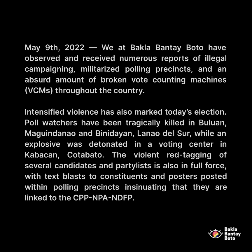 baklabantayboto's tweet photo. STATEMENT ON THE MAY 9, 2022 PHILIPPINE ELECTIONS - Fraud, violence, electioneering, and unreliable voting machines have stained the 2022 Philippine national elections

#BaklaBantayBoto2022 https://t.co/vWqhmVgwii