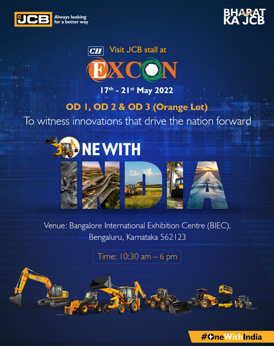 JCBIndiaLtd's tweet photo. We cordially invite you all to visit us at Excon and to witness JCB's relentless innovations that are helping build an Aatmanirbhar Bharat. 
Visit Excon from 17th-21st May.

#JCBatEXCON #EXCON2K21 #OneWithIndia #JCBIndia https://t.co/k29ySFRVdE