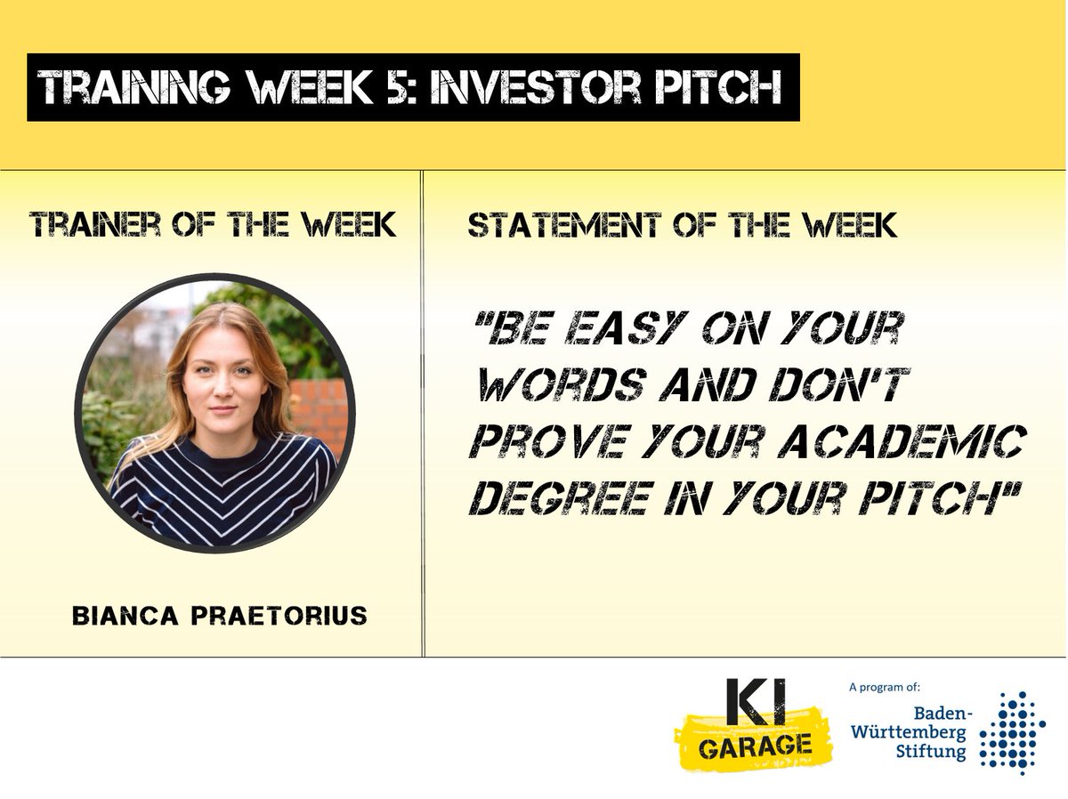 garage_ki's tweet photo. 🔤 “Be easy on your words and don’t prove your academic degree in your pitch”

🎯 In our fifth workshop “Investor Pitch” in the AI RISE program our trainer Bianca Praetorius helped our AI Startups in 1:1 sessions to improve their tonality, deck and attitude in front of investors. https://t.co/zvBAJyQzz8