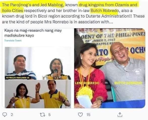 YssaTiu's tweet photo. Inuugnay ng Duterte administration sa ilegal droga ang dating alkalde ng Iloilo City na si Jed Mabilog. Ganun din ang dating Ozamiz City Mayor Reynaldo Parojinog.
Hindi lang ‘yun, ang bayaw nitong si Butch Robredo ay tinukoy rin ng pamahalaan na drug lord sa Bicol Region. https://t.co/xSYnC4Zbyn