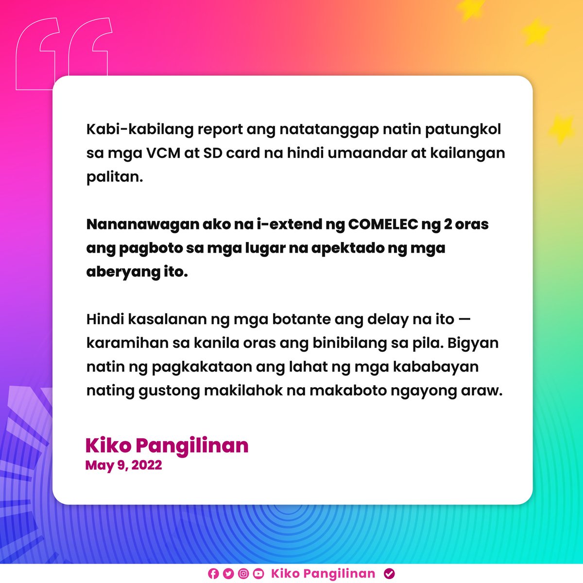 kikopangilinan's tweet photo. ISANG PANAWAGAN MULA KAY KIKO PANGILINAN: 

I-extend ng dalawang oras ang pagboto sa mga lugar na apektado ng mga aberya ukol sa VCM at SD cards na hindi umaandar.

Hindi kasalanan ng botante ito.

#Eleksyon2022
#Halalan2022 https://t.co/GTcU3MPJTw