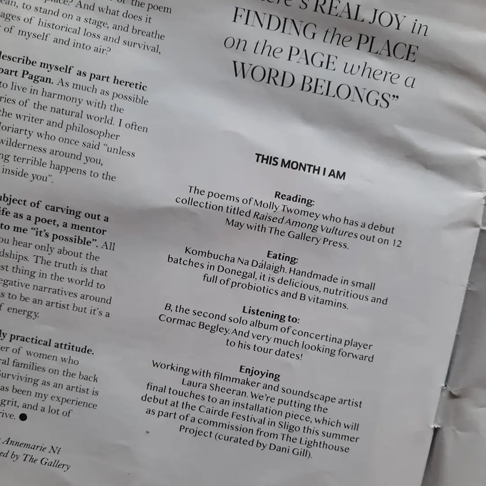 NiChurr's tweet photo. Thanks @brendiebop @irishtatler for this lovely Q&A⚡️This month I'm reading poet @mollytwomey/ enjoying #kombuchanadalaigh/ listening to @CormacBegley/ working @cairdefestival with @laurasheeran as part of #Thelighthouseproject curated by @danigill⚡️@thegallerypress @Doirepress https://t.co/wBxKkgDbKC