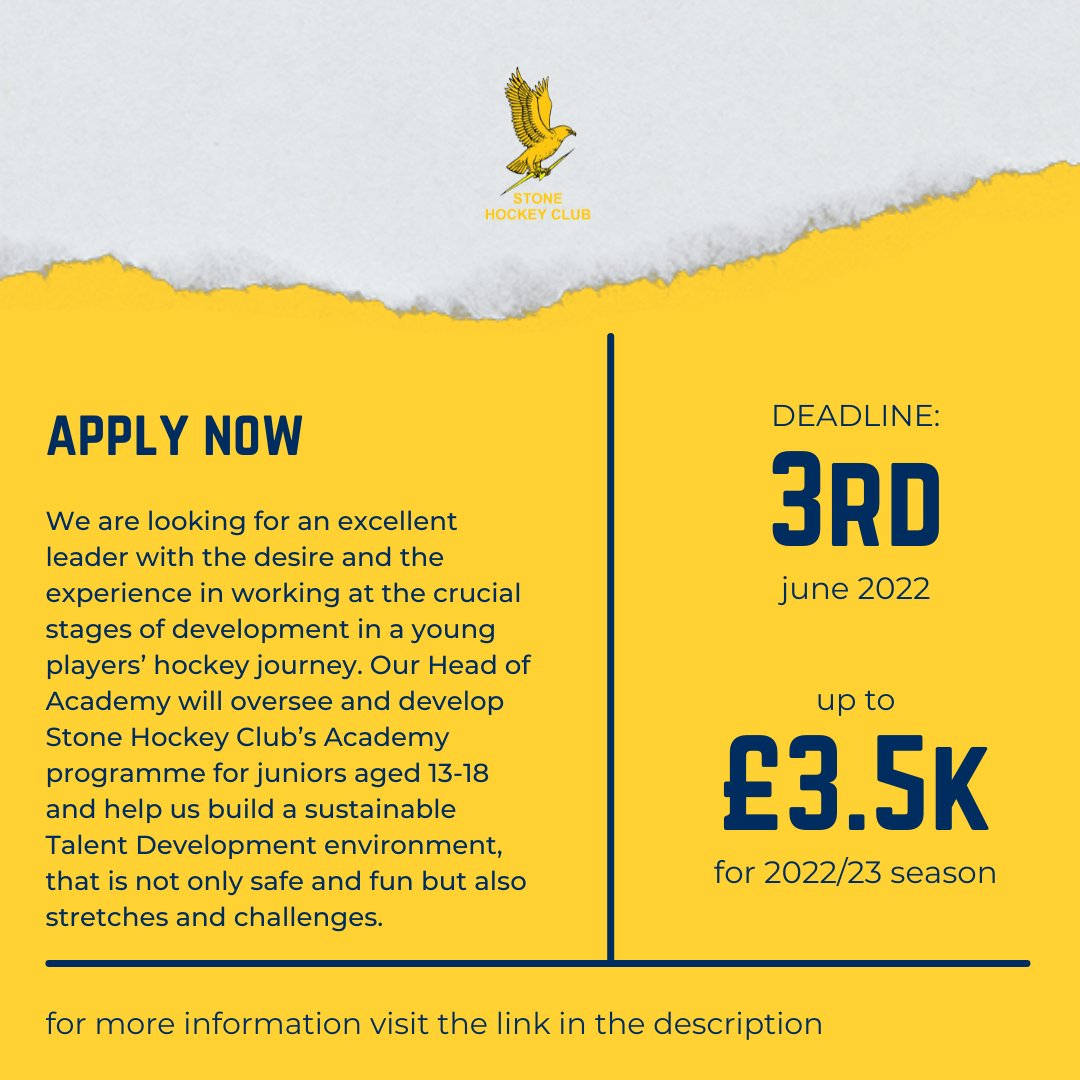 Stonehockeyclub's tweet photo. Stone HC are looking to recruit someone to lead our Academy Section, a fun and challenging Talent Development programme for children aged 13-18. Apply here: https://t.co/Rr33fLXIUi #mightystone #talentdevelopment https://t.co/DImZXgLYZu