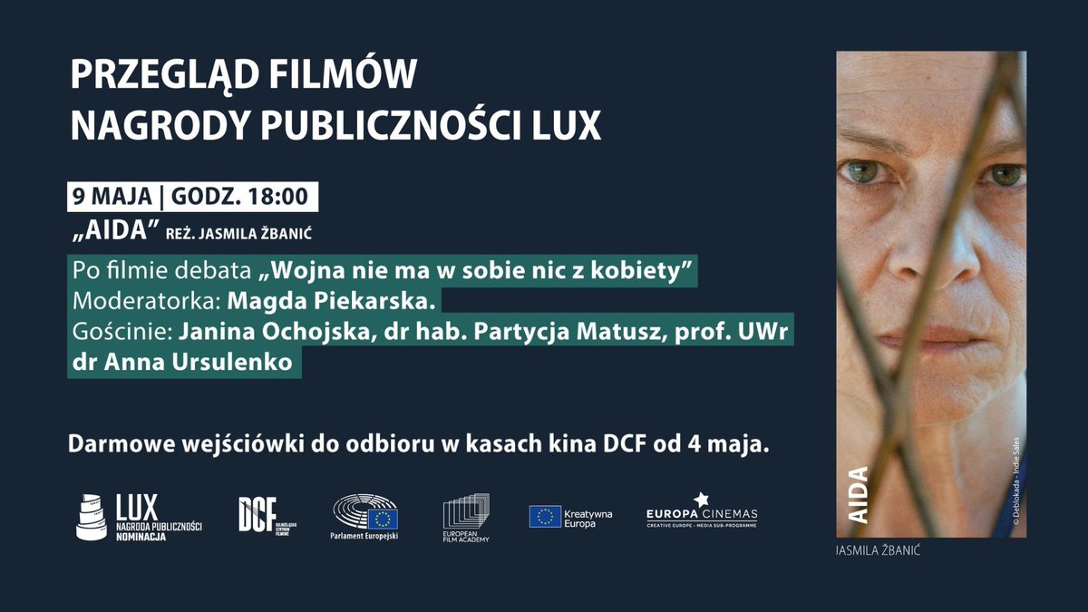 EUinWroclaw's tweet photo. Dziś o godz. 18:00 Biuro @Europarl_PL we Wrocławiu zaprasza na seans filmu "Aida" oraz debatę "Wojna nie ma w sobie nic z kobiety" z udziałem @JaninaOchojska oraz prof. @patrycja_matusz i dr Anny Ursulenko z @uniwroc. Darmowe wejściówki do odebrania w kasach @DCFilmowe
#LUXPrize https://t.co/dVHjlYLBXy