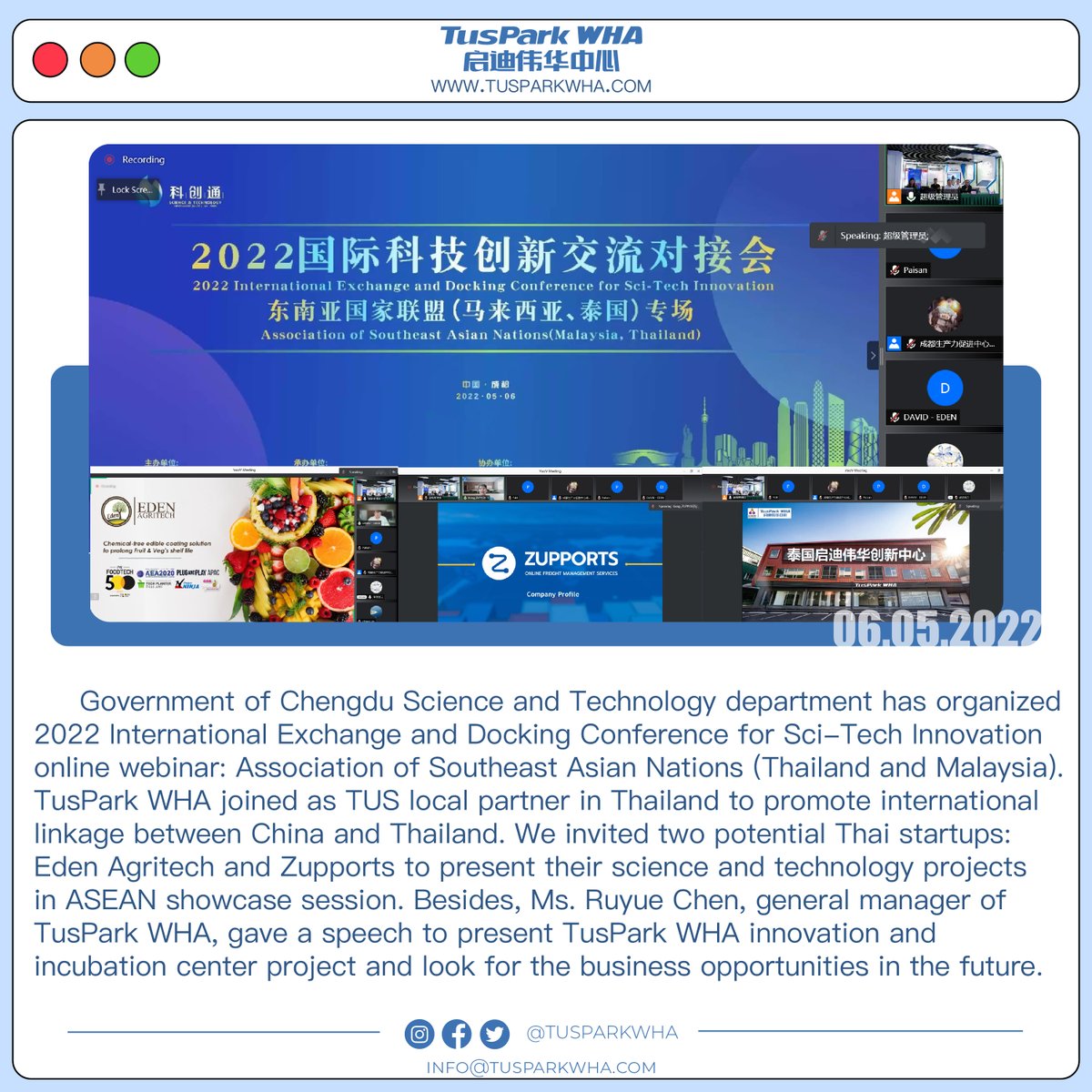 TusparkWHA's tweet photo. 🚀TusPark WHA as a member of TUS global network has involved in 2022 International Exchange and Docking Conference for Sci-Tech Innovation online webinar: Association of Southeast Asian Nations (Thailand and Malaysia)
👉Contact us: info@tusparkwha.com
Tel: 02 334 0462
#TusParkWHA https://t.co/eo03DwcuCu