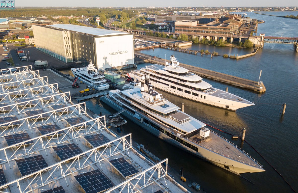 Dutchyachting's tweet photo. #Oceanco's #LuckyLady was re-launched after a 6-month refit last month. The 117m #Y719 had follow-up sea trials with her AIS transponder switched off yesterday and the 109m #Y720 has not moved since her launch. For the video: https://t.co/ipxEO7gzIg Photos by @DutchYachting. https://t.co/DrXtdhFd9L