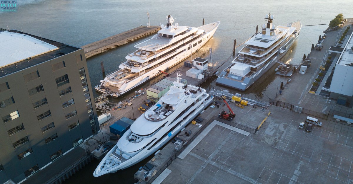 Dutchyachting's tweet photo. #Oceanco's #LuckyLady was re-launched after a 6-month refit last month. The 117m #Y719 had follow-up sea trials with her AIS transponder switched off yesterday and the 109m #Y720 has not moved since her launch. For the video: https://t.co/ipxEO7gzIg Photos by @DutchYachting. https://t.co/DrXtdhFd9L