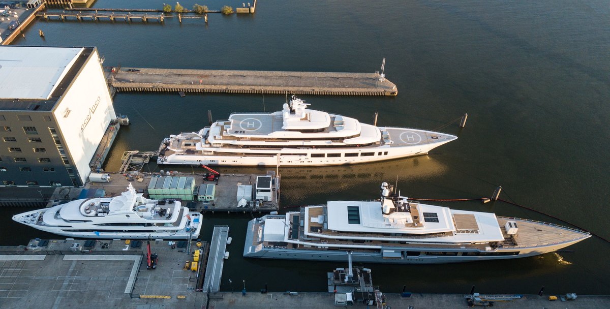 Dutchyachting's tweet photo. #Oceanco's #LuckyLady was re-launched after a 6-month refit last month. The 117m #Y719 had follow-up sea trials with her AIS transponder switched off yesterday and the 109m #Y720 has not moved since her launch. For the video: https://t.co/ipxEO7gzIg Photos by @DutchYachting. https://t.co/DrXtdhFd9L