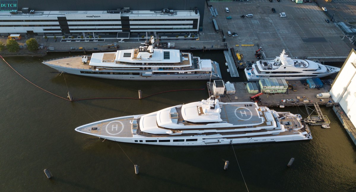Dutchyachting's tweet photo. #Oceanco's #LuckyLady was re-launched after a 6-month refit last month. The 117m #Y719 had follow-up sea trials with her AIS transponder switched off yesterday and the 109m #Y720 has not moved since her launch. For the video: https://t.co/ipxEO7gzIg Photos by @DutchYachting. https://t.co/DrXtdhFd9L