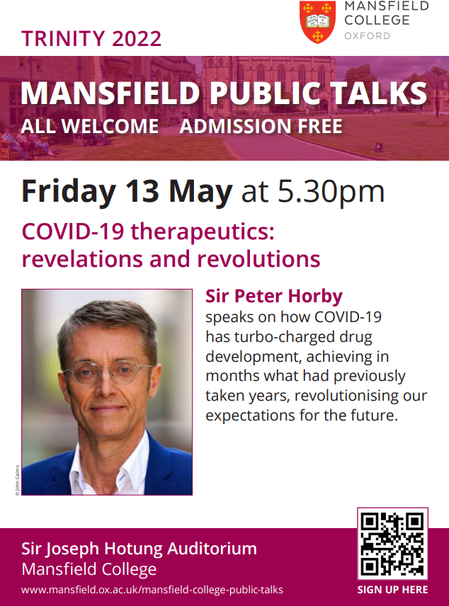 MansfieldOxford's tweet photo. Join us for this Friday's talk on 'COVID-19 therapeutics: revelations and revolutions' with Professor Sir @peterhorby who will discuss how COVID-19 has turbo-charged drug development, achieving in months what had previously taken years. 💉🦠

Book now👉 https://t.co/IOTz93DWf9 https://t.co/jz4aw85cib