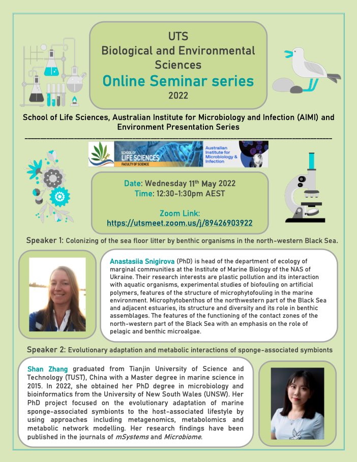 Yan Liao (@yanliao317) on Twitter photo UTS Biological and Environmental Sciences Online Seminar - We have two speakers who will talk about their research related to marine biology this Wednesday.
Please join us online on 11/05 at 12:30 p.m. AEST. utsmeet.zoom.us/j/89426903922
@ithreeinst <a href="/UTS_Science/">UTS Science</a> <a href="/UTS_SPDA/">UTS SPDA</a> <a href="/VMJarocki/">Veronica Jarocki</a> UTS Biological and Environmental Sciences Online Seminar - We have two speakers who will talk about their research related to marine biology this Wednesday.
Please join us online on 11/05 at 12:30 p.m. AEST. utsmeet.zoom.us/j/89426903922
@ithreeinst <a href="/UTS_Science/">UTS Science</a> <a href="/UTS_SPDA/">UTS SPDA</a> <a href="/VMJarocki/">Veronica Jarocki</a>