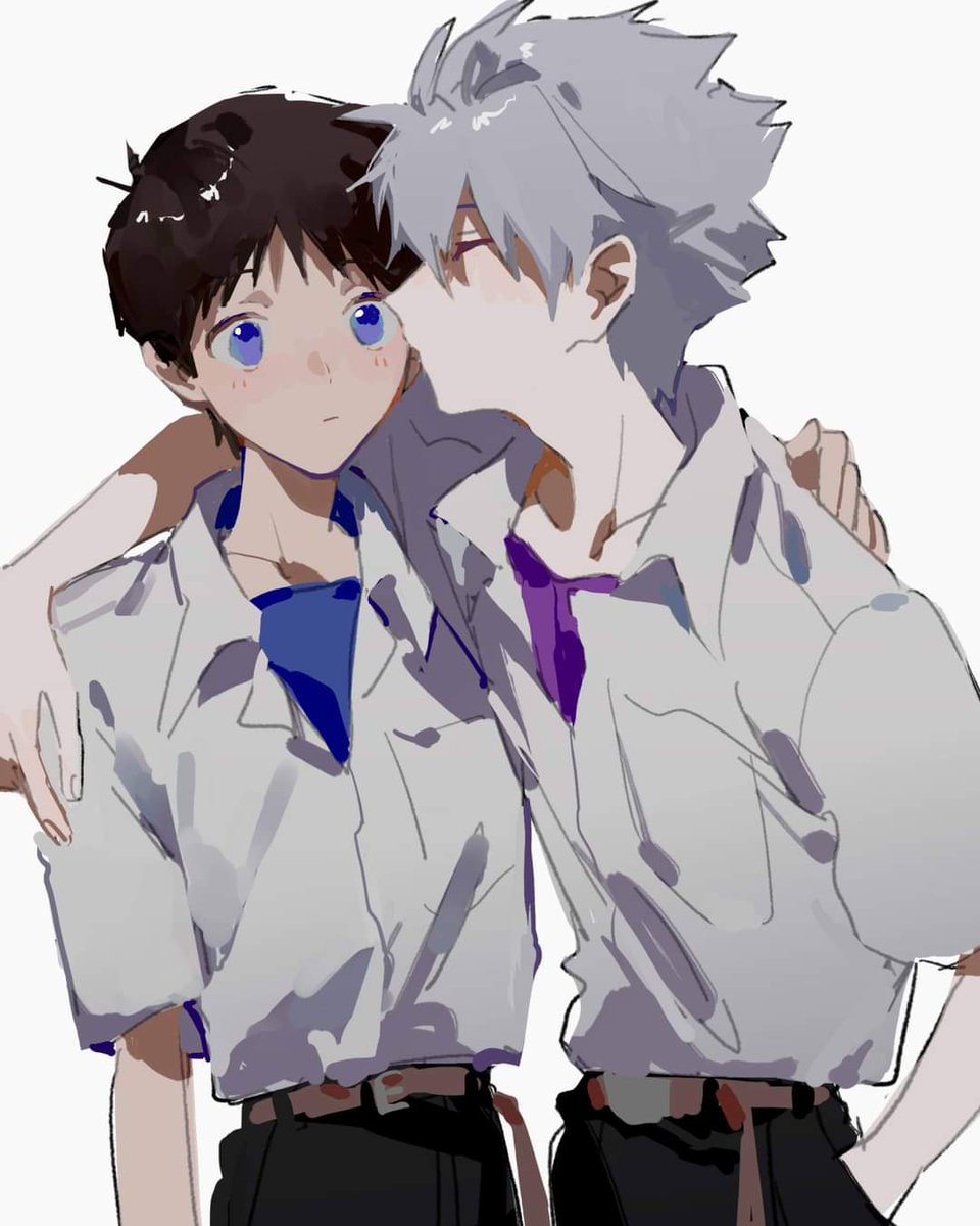 ikari shinji ,nagisa kaworu 2boys multiple boys male focus yaoi shirt blue eyes brown hair  illustration images