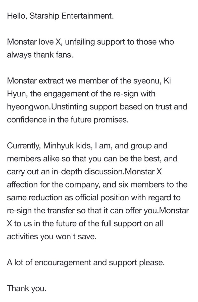 STARSHIP Entertainment‘s official statement confirming that Kihyun has renewed his contract with the company, including Shownu and Hyungwon. Contract renewals with other members are still under discussion. 🔗: n.news.naver.com/entertain/arti… #기현 #KIHYUN @OfficialMonstaX
