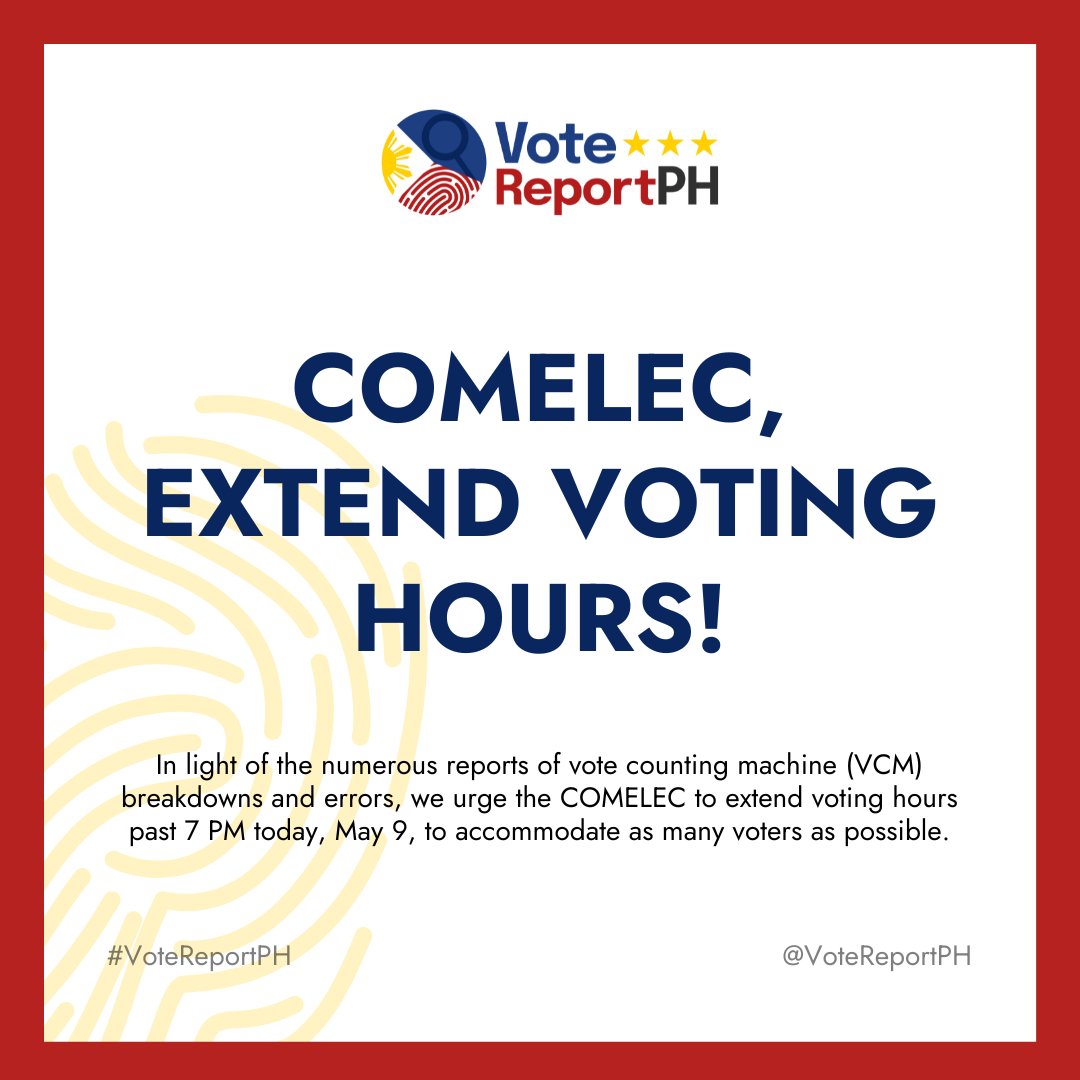 VoteReportPH's tweet photo. 📍 Report | May 9, 5:00 PM

📢 @COMELEC, EXTEND VOTING HOURS NOW!

Vote Report PH has received over 3,000 reports through our various channels, documenting various incidents of possible elections-related anomalies. https://t.co/ZQs0vk5EZE