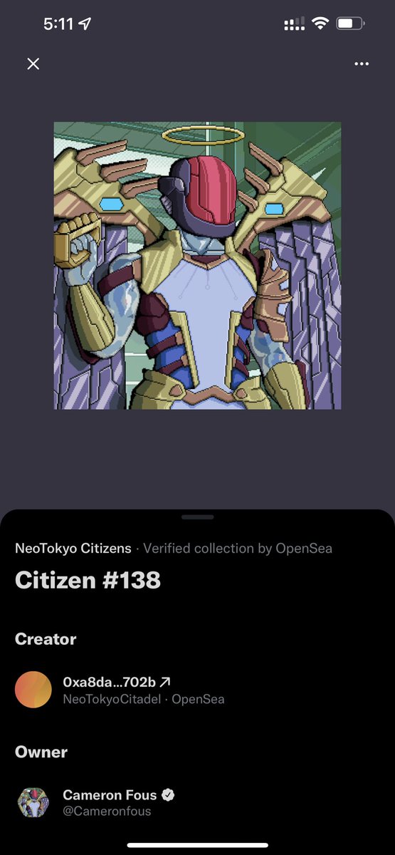Cameronfous's tweet photo. First NFT purchase. In light of me building a project within the gaming and trading space. Figured @NeoTokyoCode @ZssBecker was the best community to join. Looking forward to connecting and finding valuable people who can help 🙏 https://t.co/ot06AN72cy