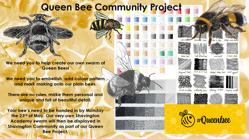 shavingtonart's tweet photo. We are launching our Queen Bee Project with year 7 and 8. Who can embellish, design, doodle, draw and create the best Queen Bee? We need a whole swarm of them Shavington Academy! So check your teams assignments and get creating! #Queenbee https://t.co/GyOBaL2VjU