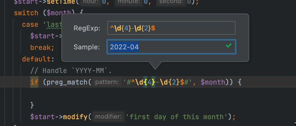New favourite <a href="/phpstorm/">PhpStorm, a JetBrains IDE</a> feature, inline regex testing. Super nifty.