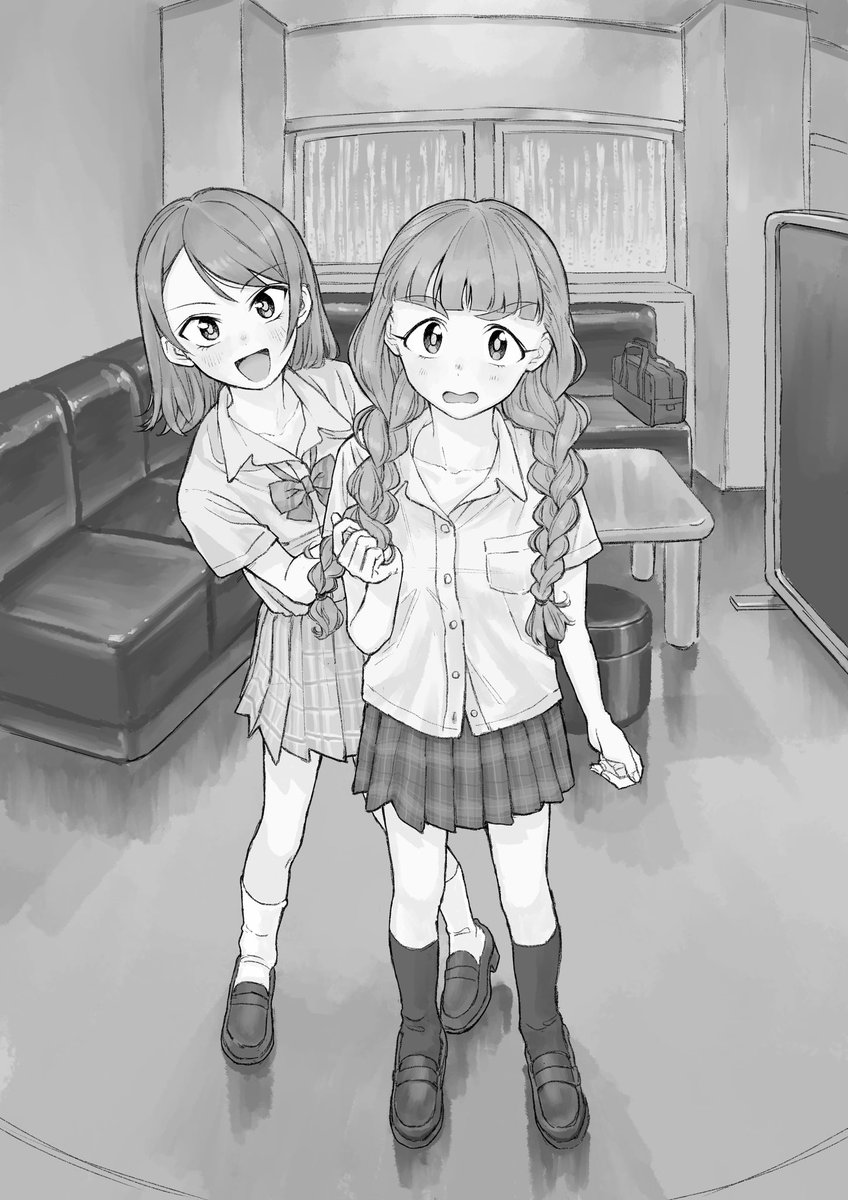 hojo karen ,kamiya nao multiple girls greyscale monochrome 2girls braid twin braids school uniform  illustration images