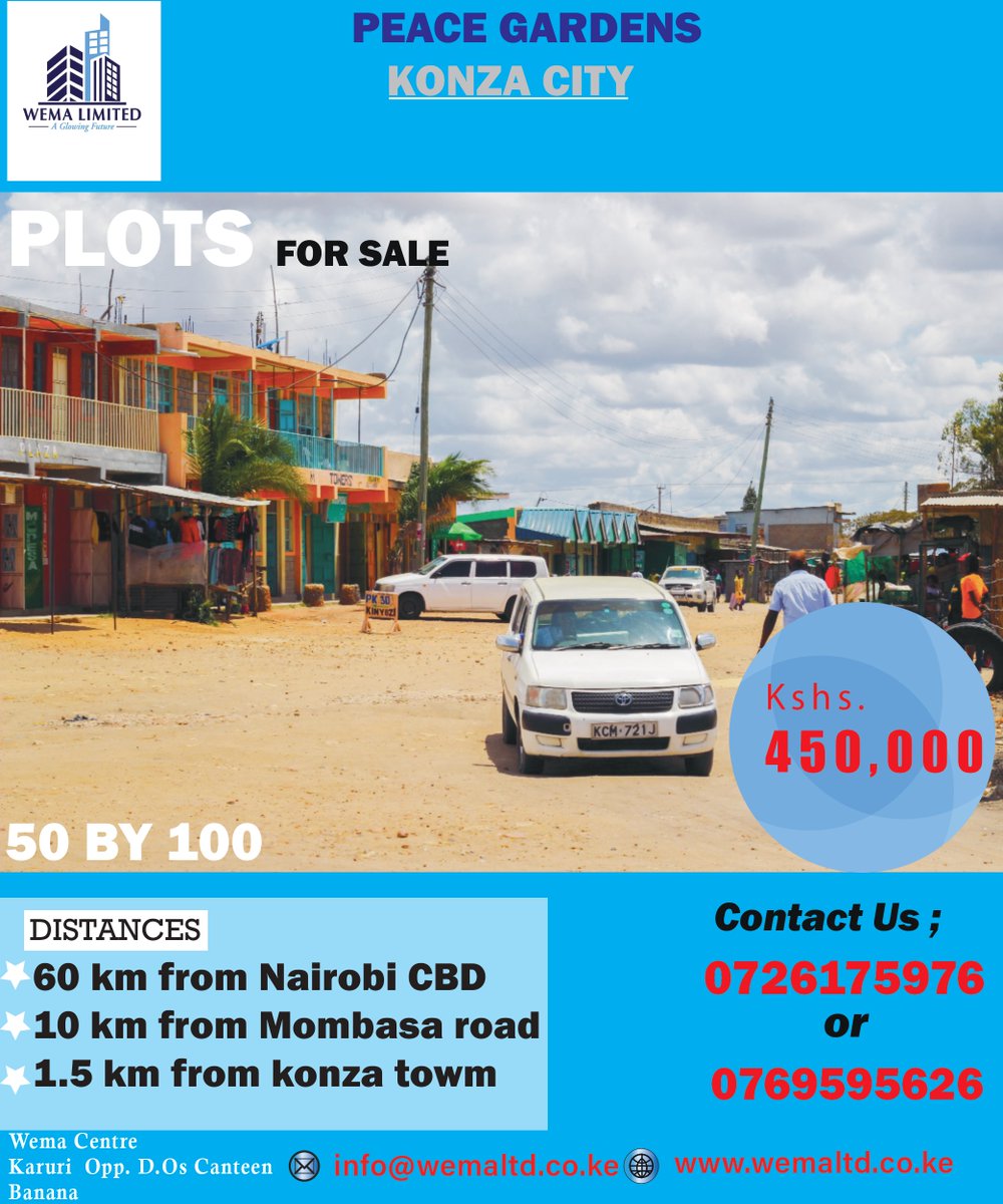 ltd_wema's tweet photo. PLOTS for sale , KONZA city. 
50 by 100 with individual title deeds.
Book your seat for a site visit this Friday 
Payment Plans
Instalment plan: 30% Deposit + Balance payable in 6 months
Contact us : 0726175976 / 0769595626
info@wemaltd.co.ke , https://t.co/9lskbkA6X7 https://t.co/QDPYRwQ7FK
