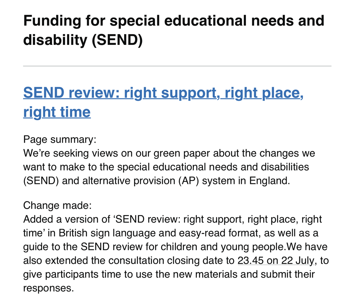 #SENDReview Just published ( FINALLY) With an extension to the consultation of 21 days: British sign language &amp; easy-read formats, as well as a guide to the SEND review for children and young people. gov.uk/government/con…