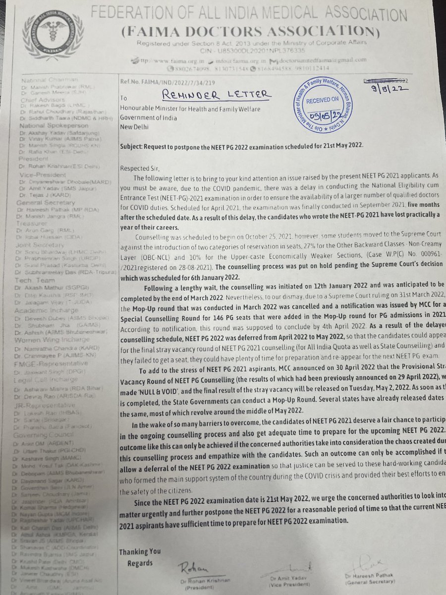DrRohanKrishna3's tweet photo. We hope @MoHFW_INDIA stands with the NEET PG ASPIRANTS.

#POSTPONEETPG_MODIJI #NEETPG2022

Do not fall for any false claims .Right now chances are there. But NOTHING IS CONFIRMED SO KEEP STUDYING TILL THEN!!
However we are trying!!! Really hard @DrBharatippawar @FAIMA_INDIA_ https://t.co/NSShhcsZMR