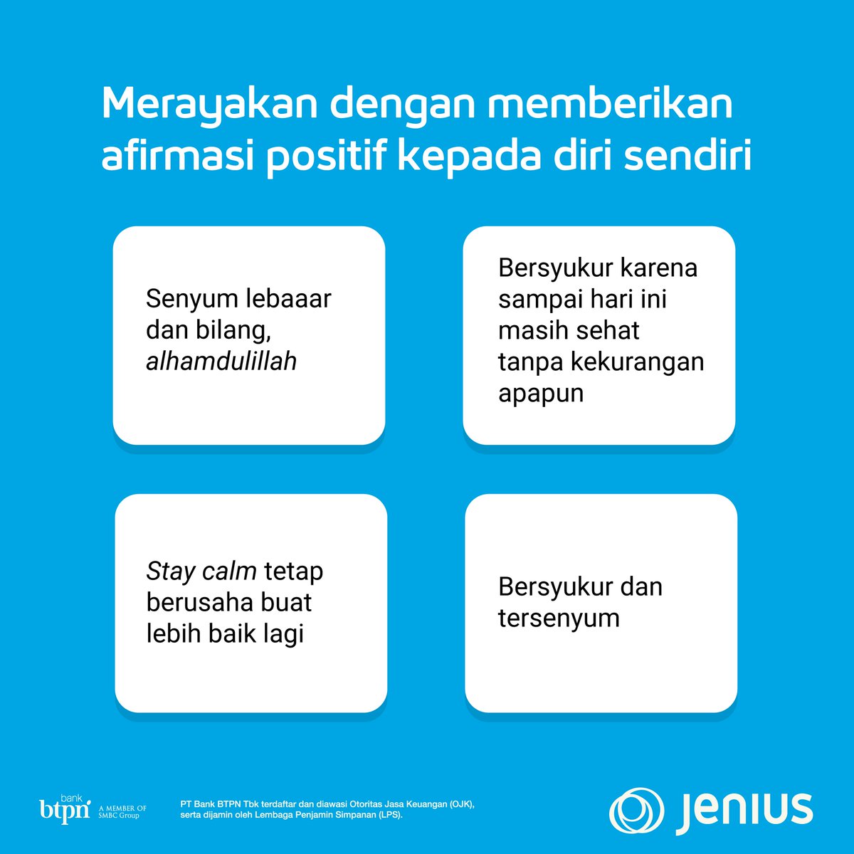 JeniusConnect's tweet photo. Ada yang memilih untuk mengapresiasi diri, makan makanan favorit, hingga sesimpel istirahat setelah hari yang panjang. Beragam cara ini dilakukan #temanjenius untuk merayakan kemenangan kecilnya. https://t.co/5LfhvOjwaB