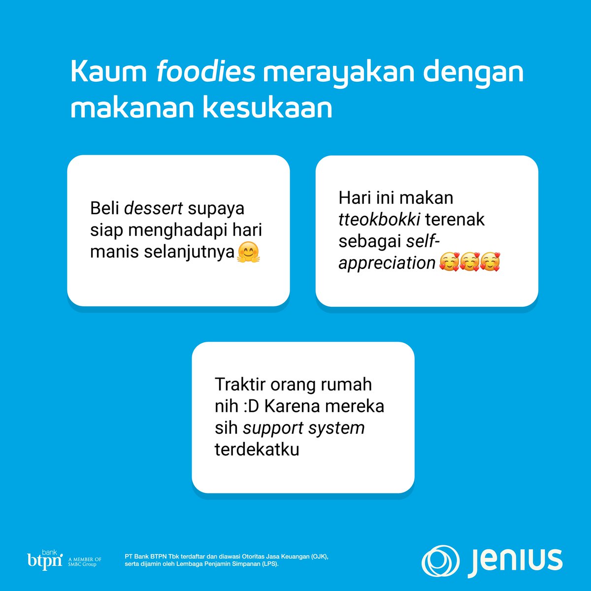 JeniusConnect's tweet photo. Ada yang memilih untuk mengapresiasi diri, makan makanan favorit, hingga sesimpel istirahat setelah hari yang panjang. Beragam cara ini dilakukan #temanjenius untuk merayakan kemenangan kecilnya. https://t.co/5LfhvOjwaB