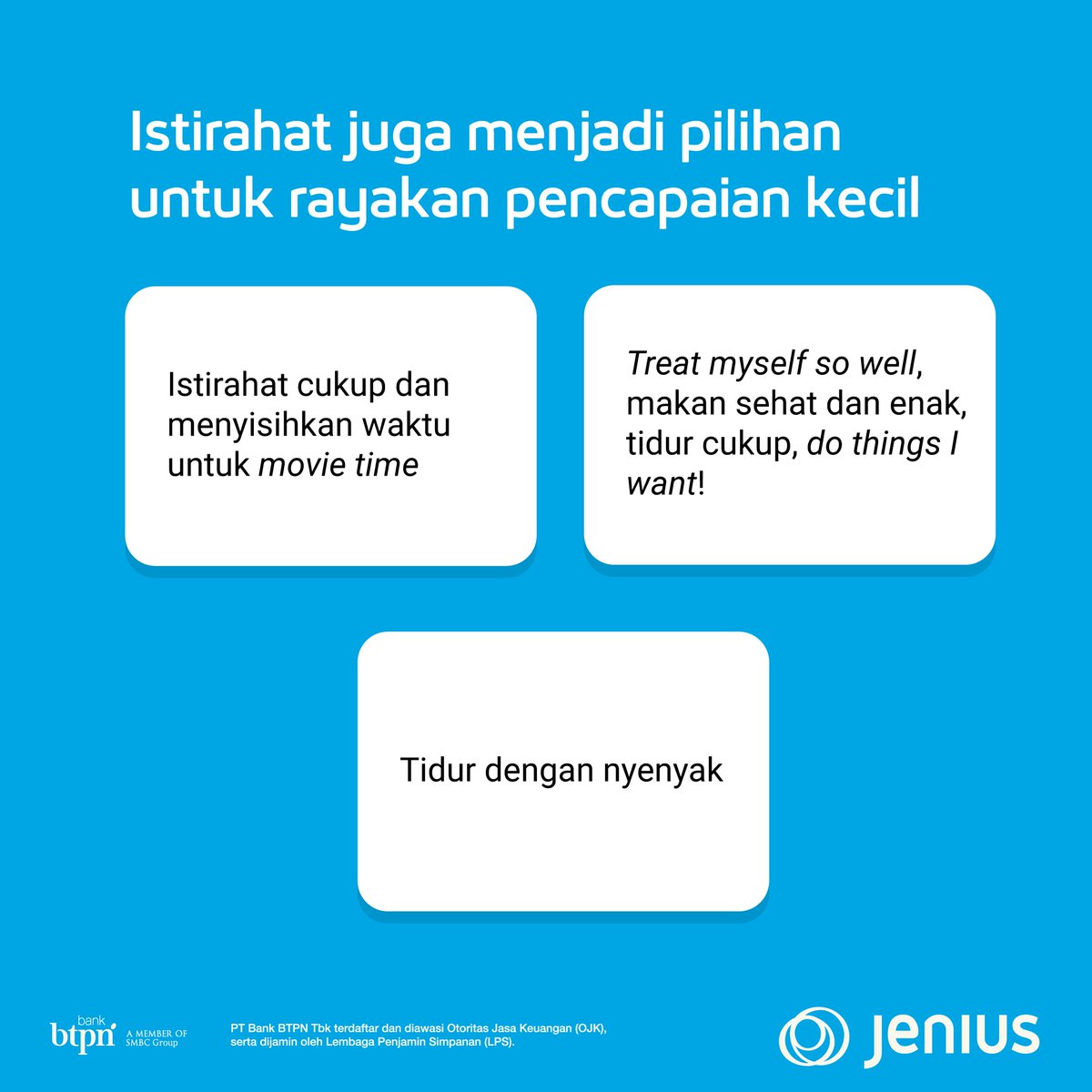 JeniusConnect's tweet photo. Ada yang memilih untuk mengapresiasi diri, makan makanan favorit, hingga sesimpel istirahat setelah hari yang panjang. Beragam cara ini dilakukan #temanjenius untuk merayakan kemenangan kecilnya. https://t.co/5LfhvOjwaB