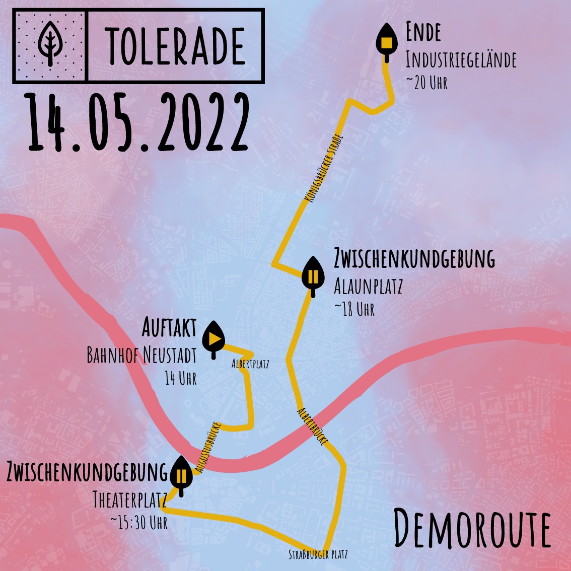 Liebe Menschen,
wo geht's lang? Hier geht's lang! Immer das Gleiche ist langweilig, daher haben wir die Route verändert.
Zum Beispiel ist die Augustusbrücke wieder befahrbar, daher fahren wir einfach mal drüber 😉 Sowas hat der goldene Reiter noch nicht erlebt!
