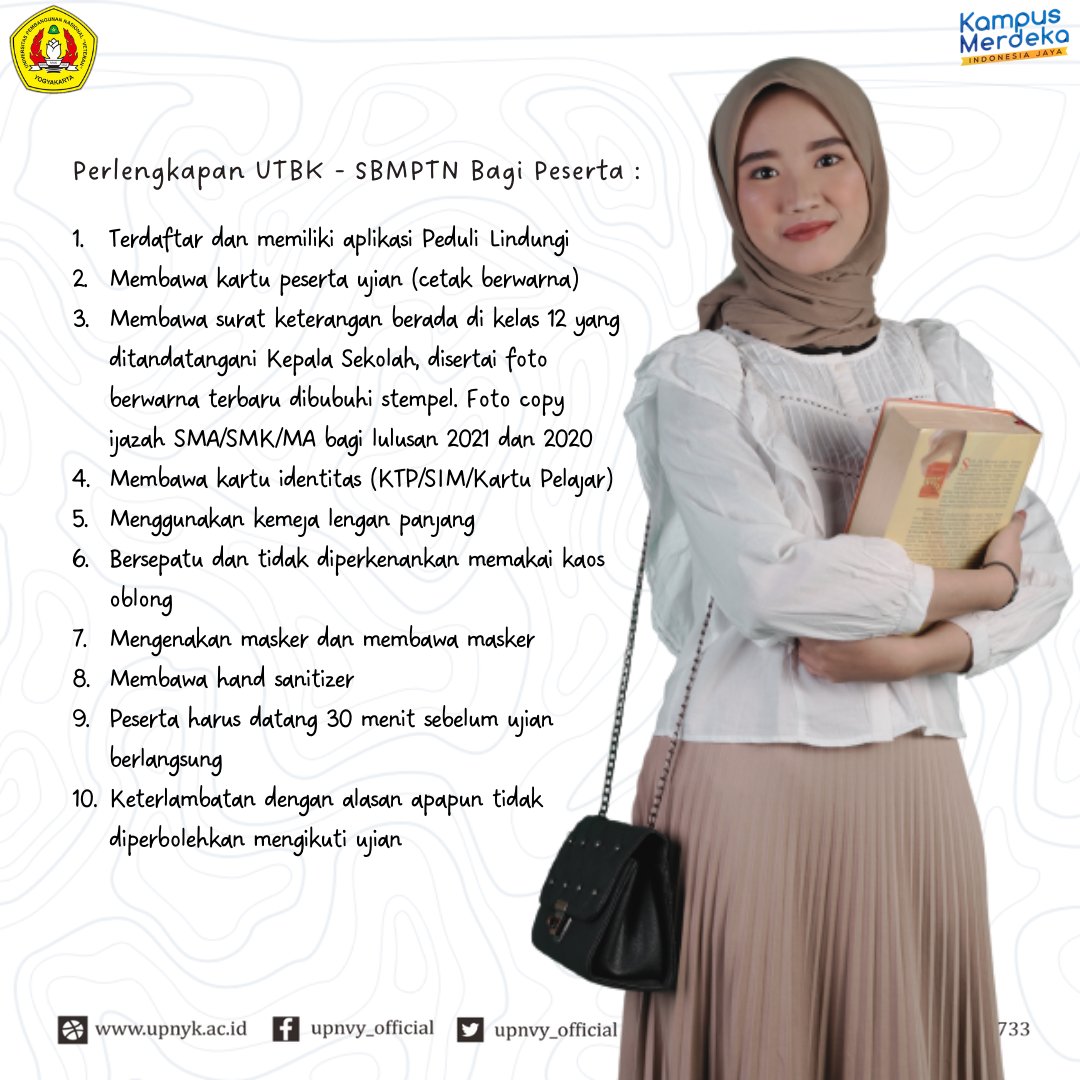 Para peserta #utbk#sbmptn2022 yang memilih Pusat UTBK di #upnvy berikut perlengkapan ujian yang harus disiapkan.

Pastikan ponsel sudah terinstall aplikasi Peduli Lindungi.
Jaga kesehatan dan siapkan diri untuk mengikuti ujian.