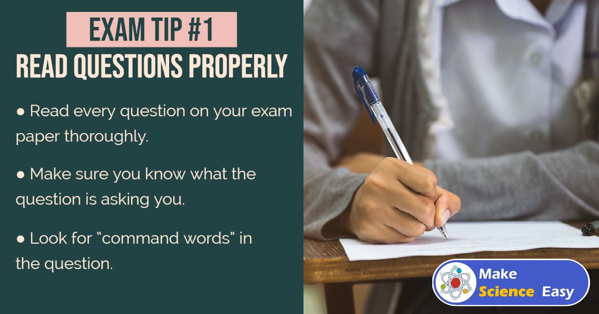 MakeSciEasy's tweet photo. Summer exam season is here already. 
Make sure you're ready to succeed in your exams. 

Exam Tip #1: Be sure to read all questions properly. Make sure you know what the question is asking you. Look for any command words in the question. 

#GCSEs #examtips https://t.co/4WyFFLMiz9