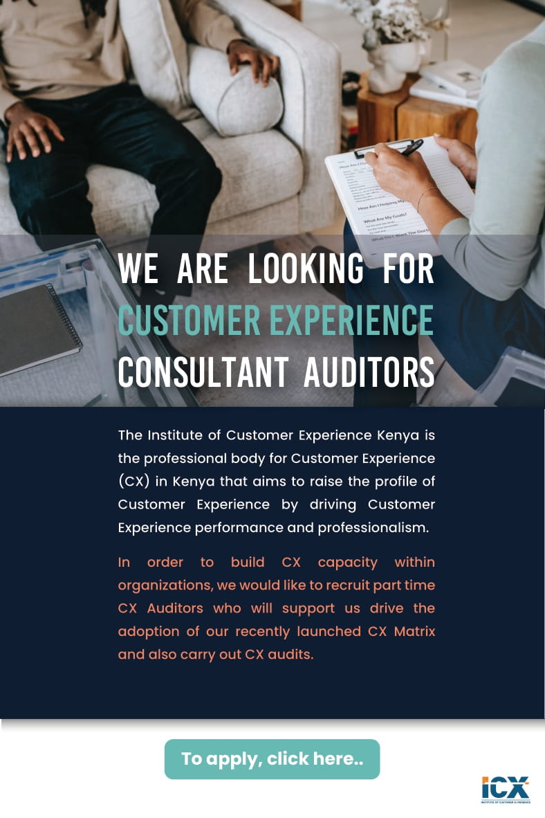 icx_kenya's tweet photo. Are you passionate about CX Excellence? We are looking for you to fill the position of a #CX consultant auditor!! Apply here https://t.co/sacrh38dew #Drivingcustomerinclusion https://t.co/Gleds7l0Dn