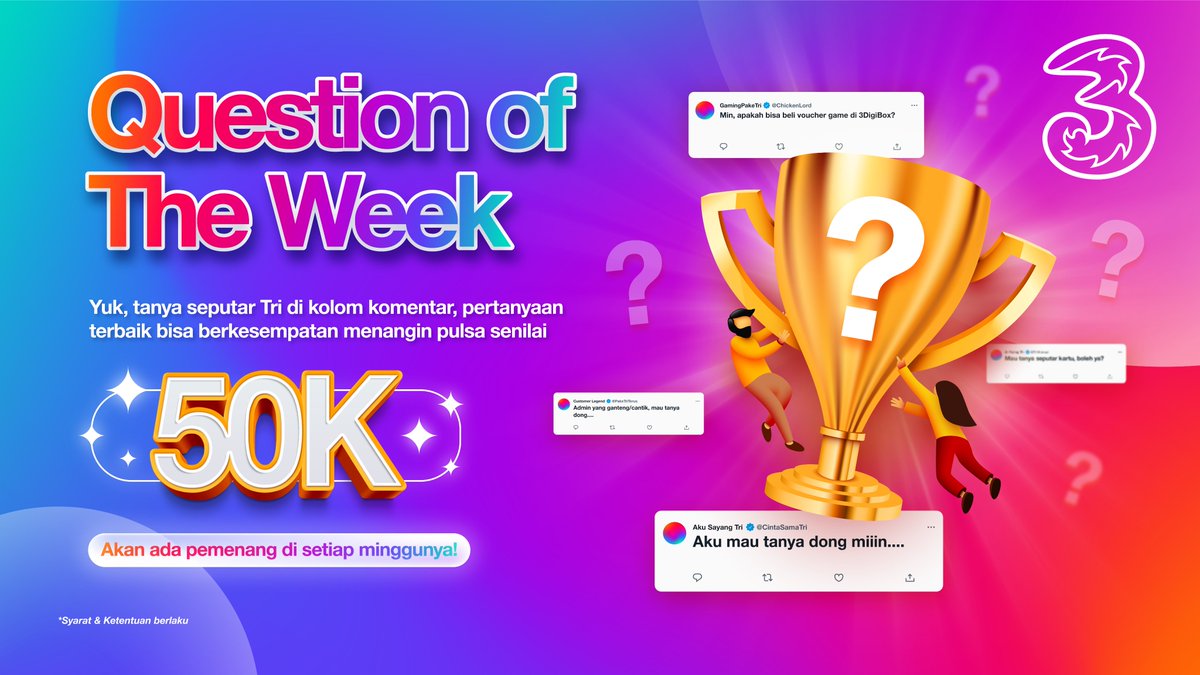 Triva mau bagi2✨PULSA GRATIS ✨setiap minggunya lho! 

Caranya : 
1. Follow @3careindonesia
2. Tanya ke triva ttg layanan &amp; produk kartu Tri melalui Reply postingan manapun
3. RT &amp; Like postingan yg kamu komen

Yuk Ikutan gaes 🥳🥳

#3CareSelaluAda
#3CareForYou  #3CareIndonesia