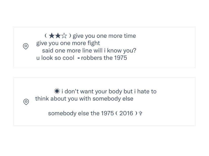 ⠀   ⠀   ⠀   ⠀   ⠀   ⠀   ⠀   ⠀   ⠀   ⠀   ⠀   ⠀      ⠀   ⠀ ⠀   ⠀  the 1975 ver.1 

⠀ ⠀    ⠀   ⠀ 𓈒 location 𓈒

✞    free just rt + follow 𓈒
✞    mention anything 𓈒
✞    can edit emoji 𓈒
✞    now - close 𓈒