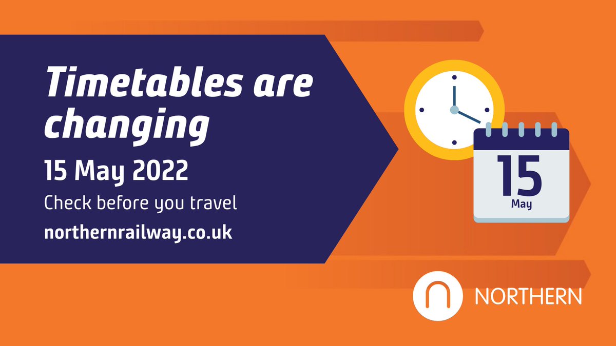 northernassist's tweet image. From 15 May, a new timetable will be in place. Our timetables will broadly be staying the same through to December 2022, with amendments on some routes. 

Journey planners have been updated, plan ahead 👉 buytickets.northernrailway.co.uk

Summary of changes 👉 northernrailway.co.uk/timetableupdate