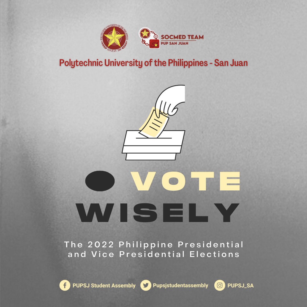 PUPSJ_SA's tweet photo. t's D-day, Iskolars! 

Today is the day we get to choose our leaders and set the course for our country's future. So, please remember to vote wisely! 

#ParaSaBayanHalalan2022
#BosesNgKabataangSanJuanParaSaPilipinas
#PUPAtingGabaySaHalalan2022
#PUPSJ
#PUPSJStudentAssembly https://t.co/LKLDqhMd7l