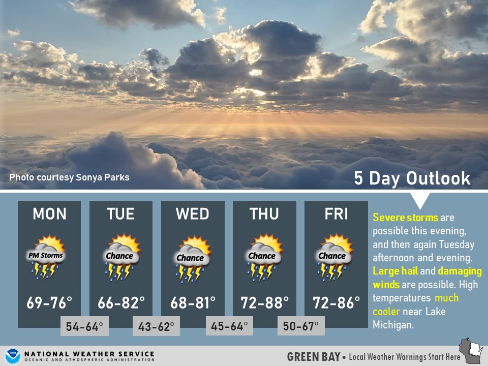 NWSGreenBay's tweet photo. Although there are chances of storms each day, much of the time will be dry. Severe storms are possible this evening and again Tuesday afternoon and evening. Large hail, damaging winds and locally heavy rainfall are possible with the strongest storms. #wiwix https://t.co/sYRTy8TtBa