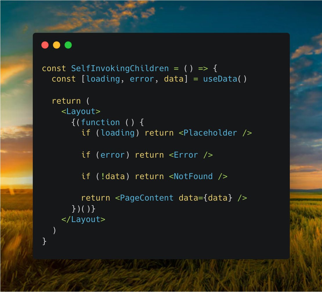 devterminal's tweet image. I always wanted to be able to use return statement on children rendering. Self-Invoking Function is the solution. This is an example of building page states inside of the Layout component. 💡🧑‍💻

Gist: gist.github.com/dsvgit/fca793a…

#devterminal #react #frontend #selfinvokingfunctions