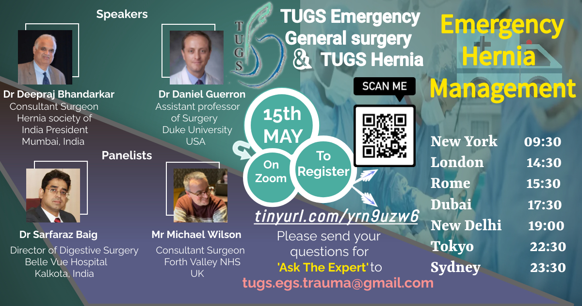 heshams24854901's tweet photo. Exciting times! I invite you to our next TUGS EGS event in collaboration with TUGS Hernia. This will focus on emergency hernia management, featuring well-experienced international speakers. To be held on 15/05 at 1.30PM GMT. 
To register go to https://t.co/8kDv5V93QY https://t.co/Sqdj4AILD0