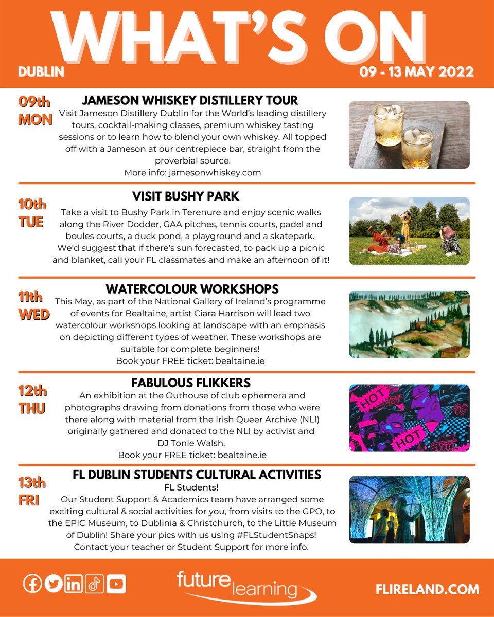 flireland's tweet photo. #WhatsOn in #Dublin this week?!
🥃Jameson Whiskey Distillery Tour @jamesonwhiskey
🌳Picnic in Bushy Park
🎨Watercolour Workshops with @bealtainefest
🎭Fabulous Flikkers Exhibition with @bealtainefest
☘️FL Cultural Activities!
#socialprogramme #dublinevents #dublineventguide https://t.co/lEUjdTKffy