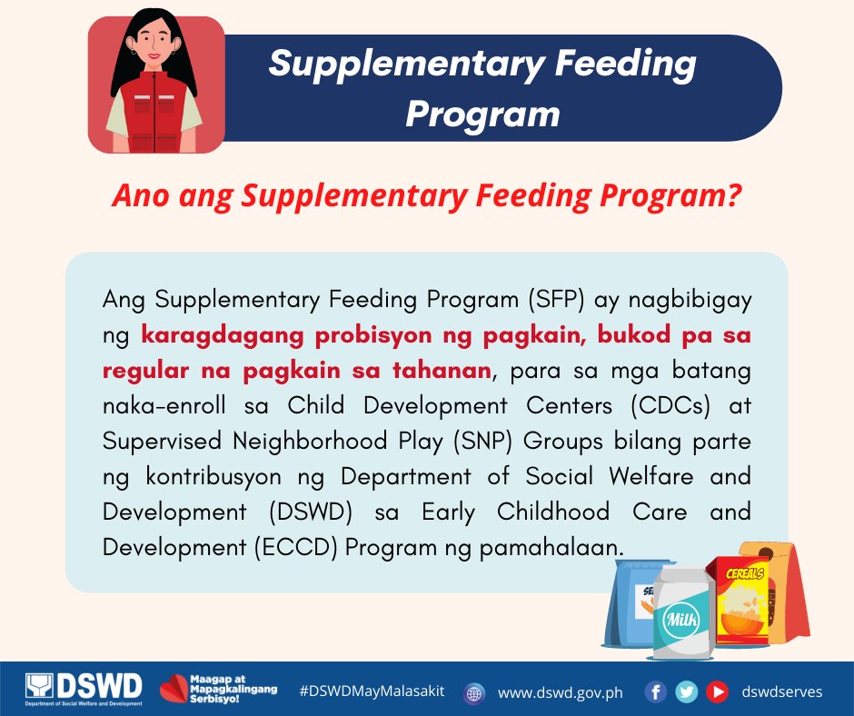 Tuklasin natin!💡

Ano ang Supplementary Feeding Program ng DSWD?

Maagap at Mapagkalingang Serbisyo! ❤️
#DSWDMayMalasakit