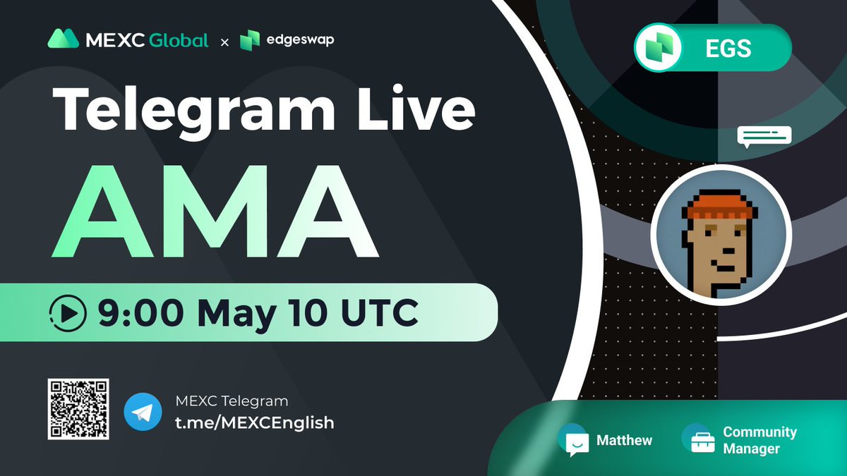 Join #MEXC AMA with #Edgeswap at 9am on May 10 UTC in our Telegram group: t.me/MEXCEnglish

10ppl * $10 giveaway:
✅Follow @MEXC_Global &amp; <a href="/EdgeSwap/">EdgeSwap</a>
✅Like, RT &amp; Tag 3 frds
✅Sign up: bit.ly/3gzIm3J

More $USDT rewards for grabs at live #AMA!