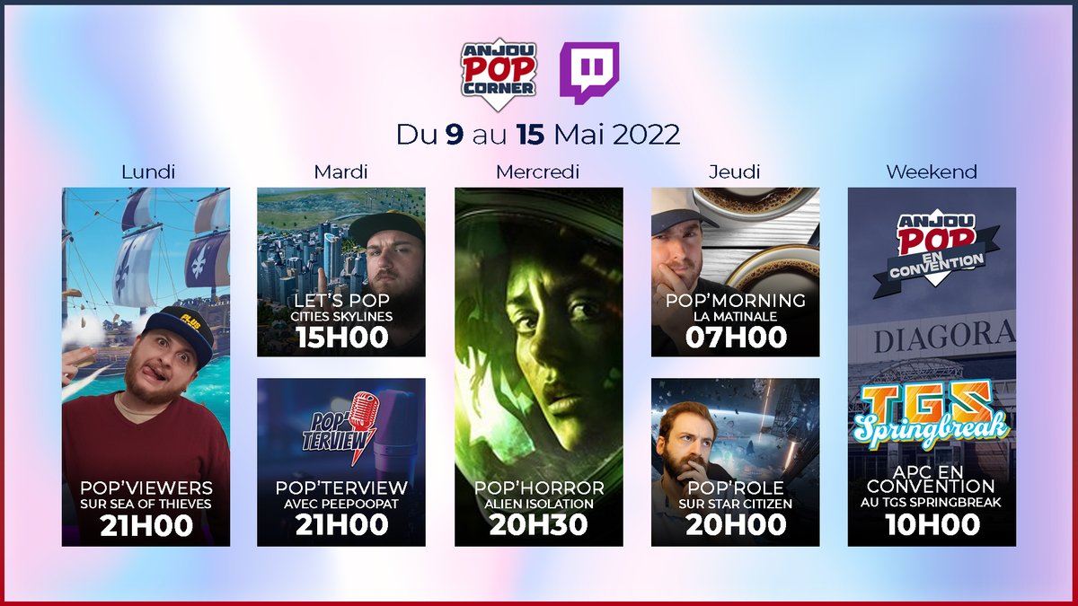 Anjou_popcorner's tweet photo. 🟣PLANNING 
Comme d'habitude une semaine bien complète avec toute l'équipe sur notre chaîne Twitch : https://t.co/pwLsMSsJkG 

Et ce week-end rendez-vous au TGS Springbreak 🏄 https://t.co/iz2tpu8Ka7