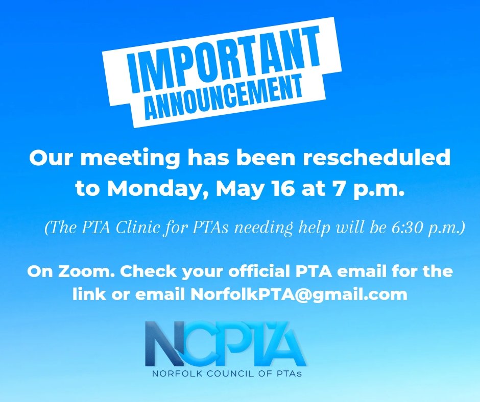 FYI our meeting has been rescheduled to Monday, May 16 at 7pm. Check your official PTA email for details. #inthistogether