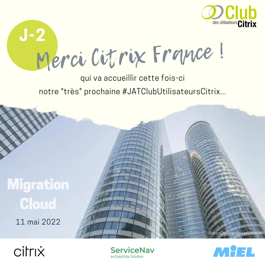 Club_Citrix's tweet photo. ⏰ Plus que 2 jours ! 
Cette fois-ci, le présentiel c'est chez #Citrix France, pour les échanges... ou alors, 2 webinaires... 
Quel que soit le format, profitez du témoignage client sur la #migrationcloud. Inscrivez-vous vite ➡  https://t.co/w7bePeDwIc
#JATClubUtilisateursCitrix https://t.co/l9LAUbtfwv