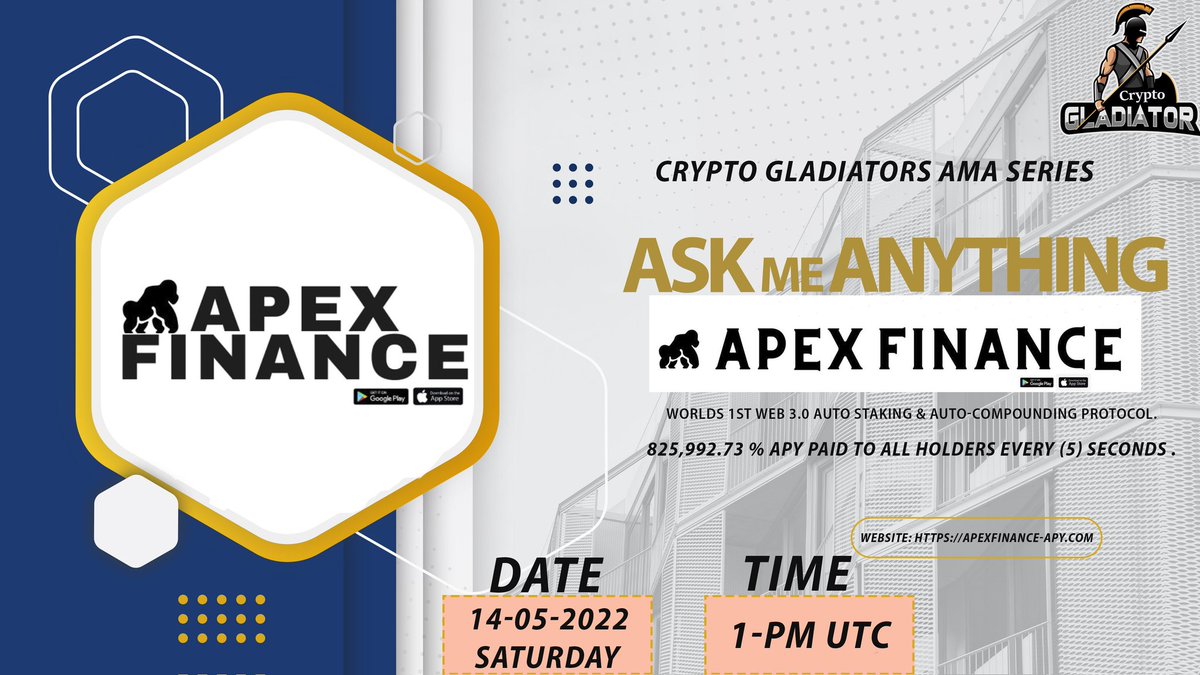 FinXel_'s tweet photo. ✨ Apex Finance #AMA,hosted by "Crypto Gladiator

🏠Venue: @CryptoGaldiator_chats
⏰Time  : 14th May, 2022
                 1 PM UTC
🎖️Reward: $50

📌Rules📌
1️⃣Follow : @CryptoGladiato4
2️⃣Follow : https://t.co/M3bV0Ye2iX
3️⃣Like, RT, Tag 3 Friends https://t.co/ejAMBkE86X https://t.co/yTIJ0qJhaW