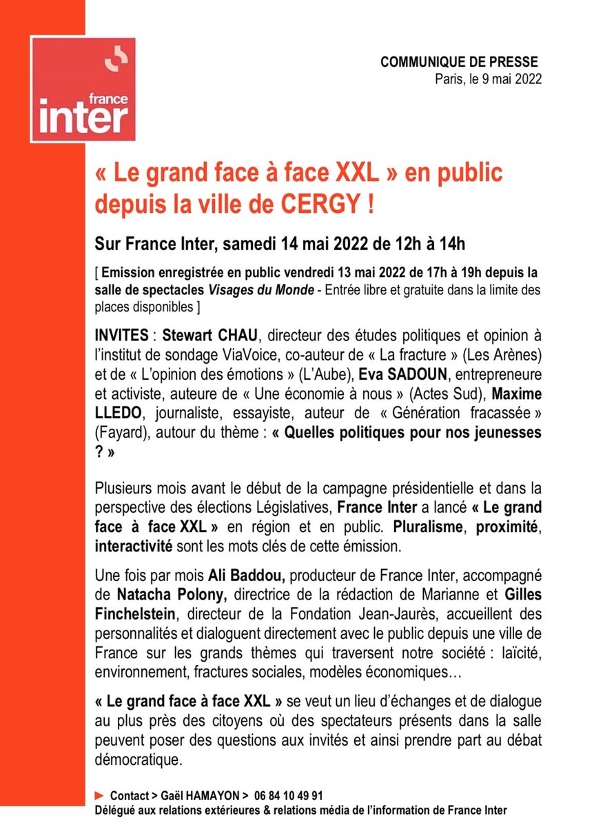 gaelhamayon's tweet photo. 🔴 COMMUNIQUÉ DE PRESSE ‼️

‼️ « LE GRAND FACE À FACE XXL » sur @franceinter par @AliBaddou, @finchelstein &amp; @NPolony poursuit sa tournée &amp; pose ses micros à @villedecergy vendredi 13 mai 2022 en public 👉🏽 #Echanges #Citoyens 🎙 

✔️Avec @StewartChau_, @Eva_Sdn &amp; @MaximeLledo ⤵️ https://t.co/WjOYBJQyr3