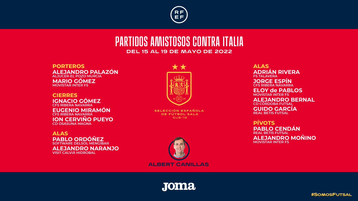 SEFutbol's tweet photo. 🚨 OFICIAL | Albert Canillas da la lista de convocados de la @SeFutbol Sala Sub-19 para los partidos ante Italia.

📌 El combinado nacional disputará dos partidos de preparación contra Italia en las localidades baleares de Calvià e Inca.

ℹ️ https://t.co/vEf6gpKIG1 https://t.co/kq7z1AycRW
