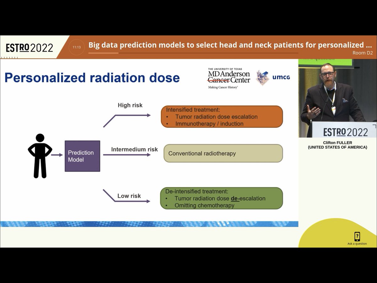 shalinivinod13's tweet photo. ⁦@cd_fuller⁩ presents on predictive model development &amp; validation for prognostic risk stratification in HNC. Great user interface ➡️personalised prediction for #RadOnc to discuss with their patients.  How will this be translated into practice? ⁦@ESTRO_RT⁩ #ESTRO2022 https://t.co/KPTL6qpLhd